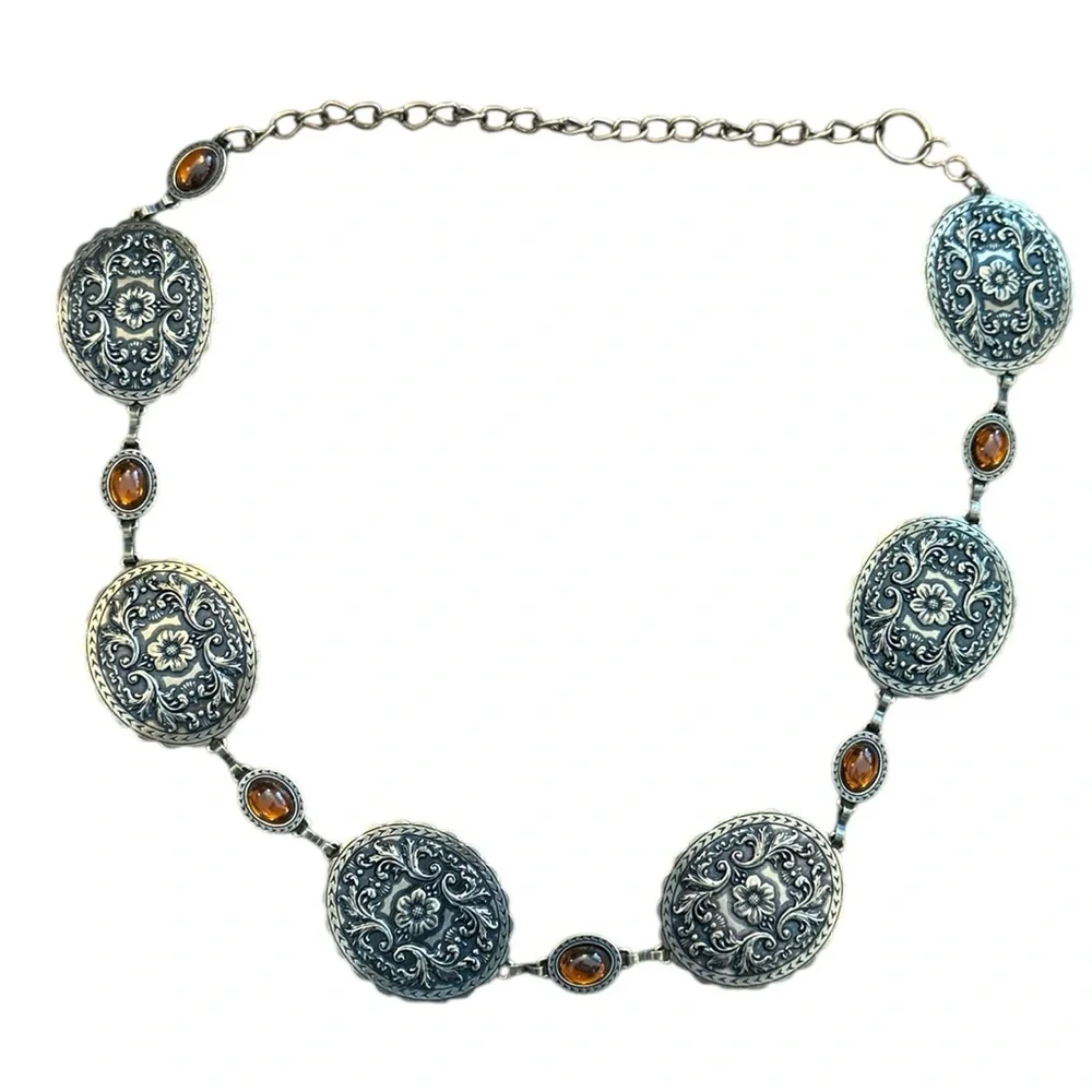 Gold Concho Chain Belt Amber Stones Floral Medallion Boho Western Fits 31-41 - Picture 5 of 9